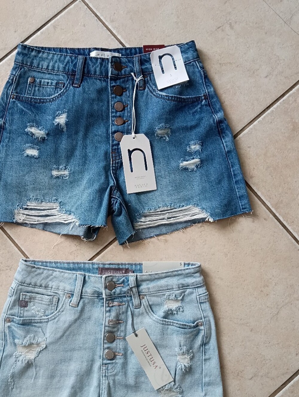 Justusa Women's Distressed Denim Shorts - Light Blue and Medium Blue